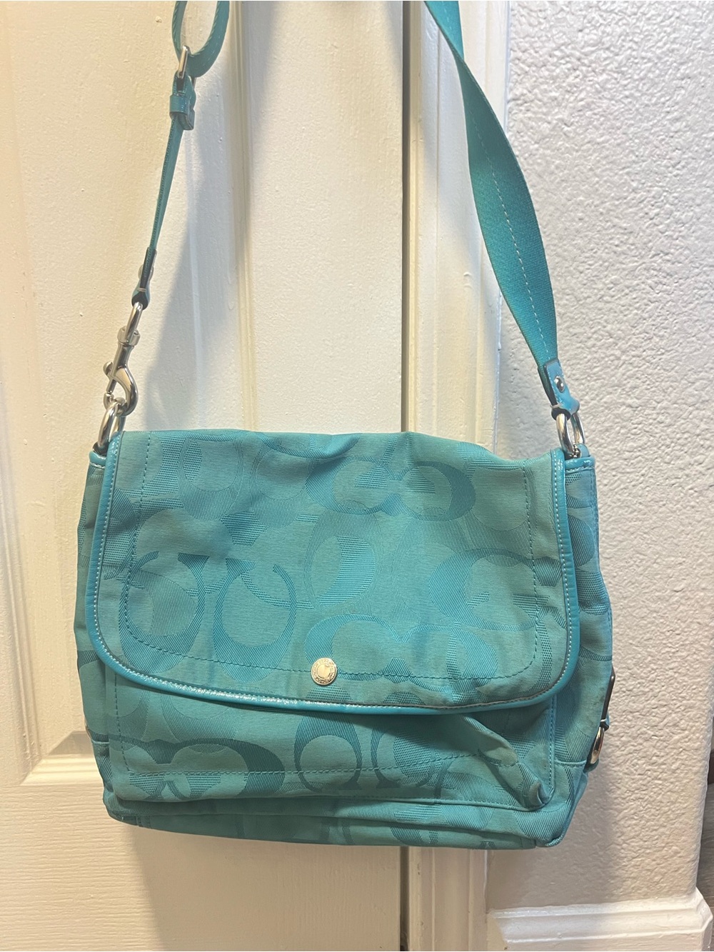 Coach Turquoise Signature Jacquard Crossbody Messenger Bag
